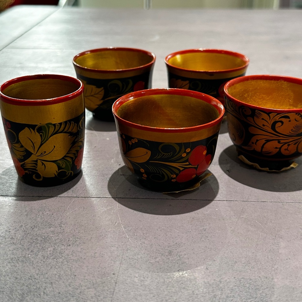 Vintage  Russian Khokhloma 5 different cups early 70"s